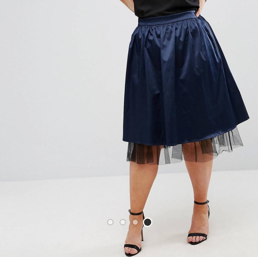 ASOS Curve Structured Satin Pep Hem Midi Skirt w/Tulle Underlayer, Navy, Sz 12